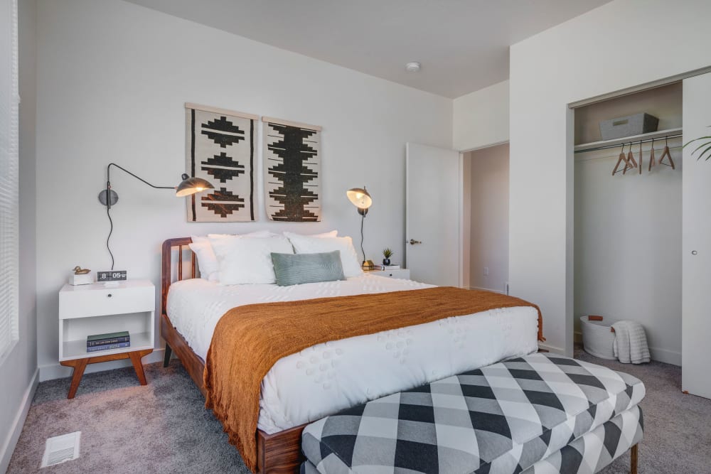 Beautifully decorated bedroom at Hawthorne Townhomes in South Salt Lake, Utah