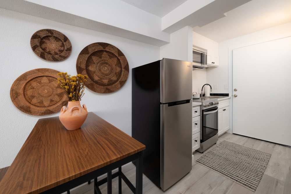 Plenty of room for kitchenette and cooking space in the studios at Pinnacle Point Apartments in Fife, Washington