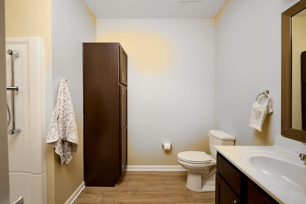 Bathroom in a senior apartment at Legacy Living Defiance in Defiance, Ohio