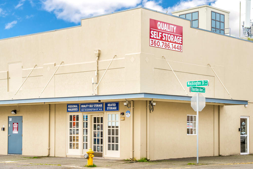 Exterior view of entrance at Quality Self Storage in Olympia, Washington