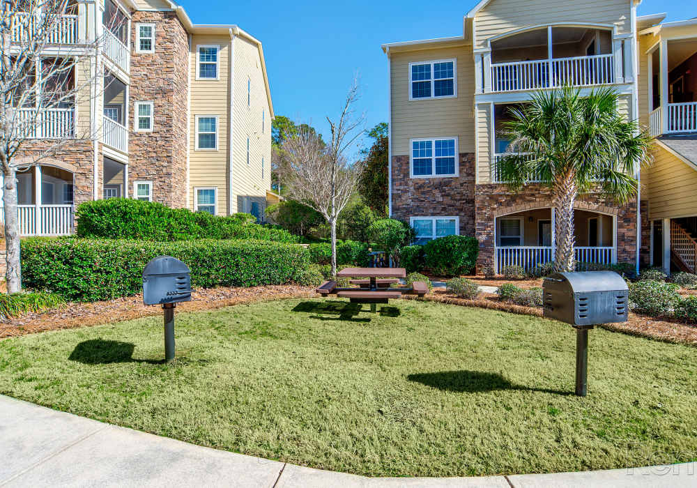 A grassy area with picnic tables and barbecue grills at Highland Hills Apartments in Dothan, Alabama