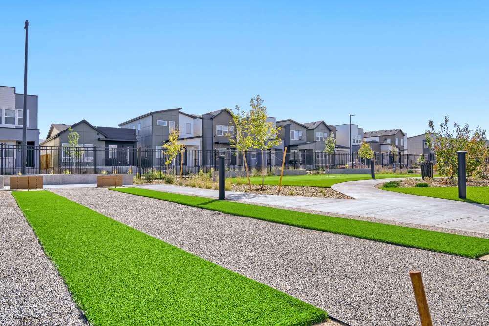 Union at the Park residential community near DIA | Outdoor gaming court with Bocce Ball, Cornhole, Putting Green, and Horseshoes 