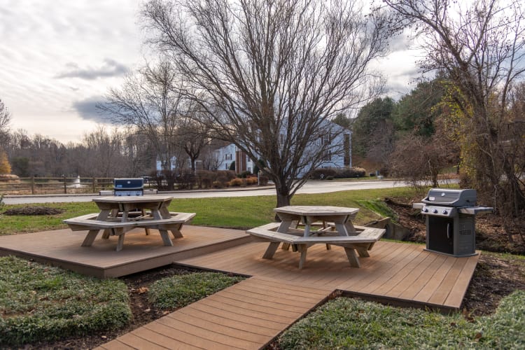 Barbecue area with gas grills at The Overlook at Stonemill in Lynchburg, Virginia
