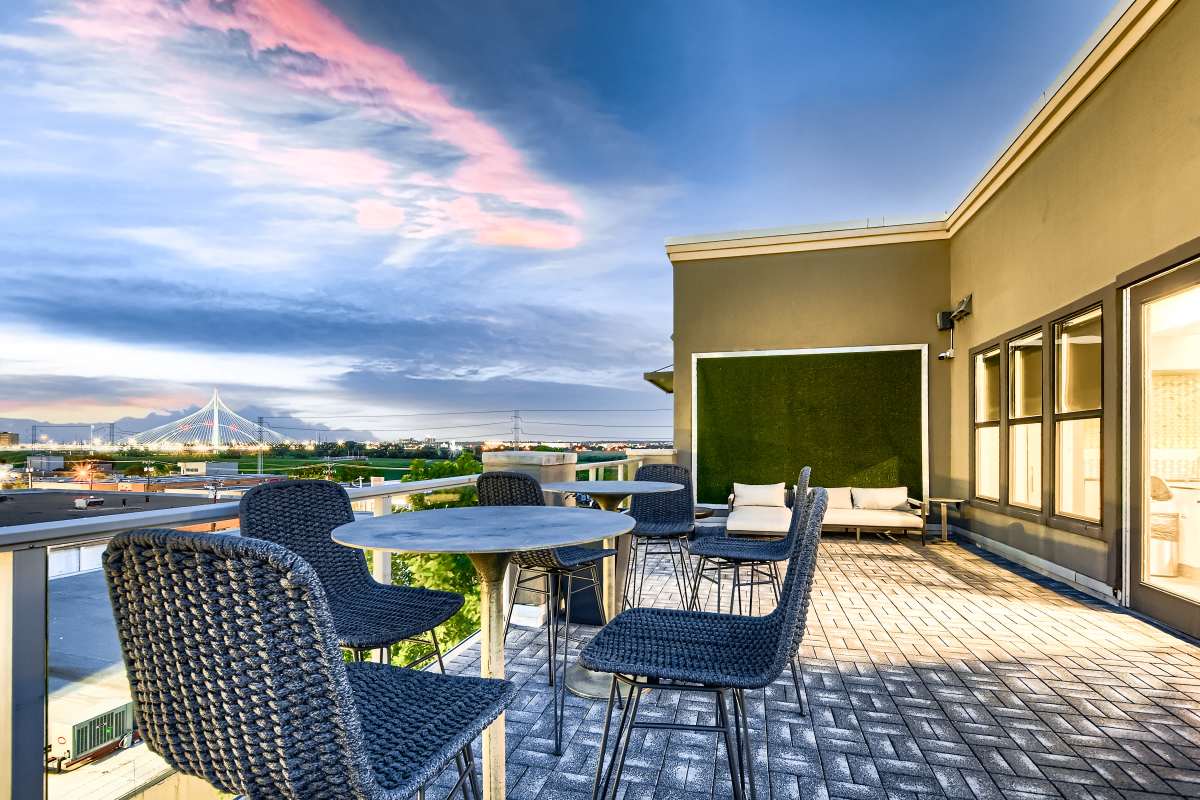 Outdoor lounge for the community at Factory Design District in Dallas, Texas