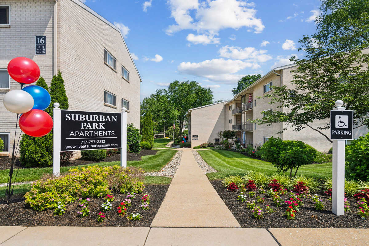 Community walkway with landscaping at Suburban Park in York, Pennsylvania