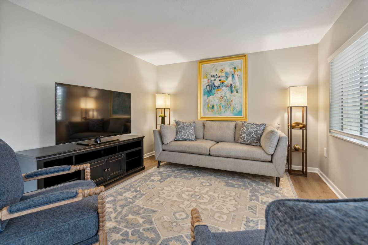 Resident living space with a colorful rug at Buena Vista in Seminole, Florida