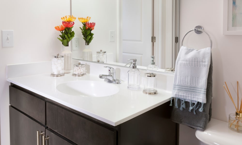 Quartz countertop and a large vanity mirror in a model home's bathroom at The Bixby in Washington, District of Columbia