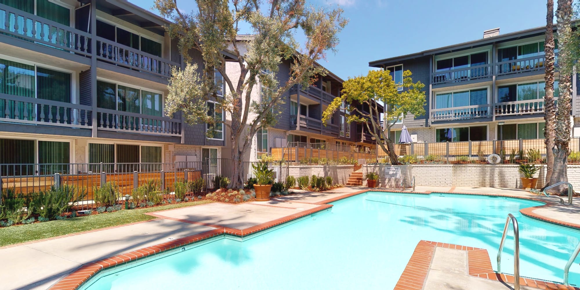 Renovated one-bedroom apartments' pool at The Meadows in Culver City, California