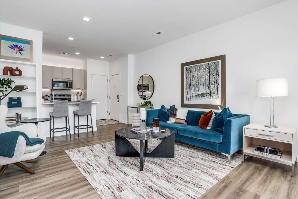 Living room with hardwood flooring at Innova in Novi, Michigan