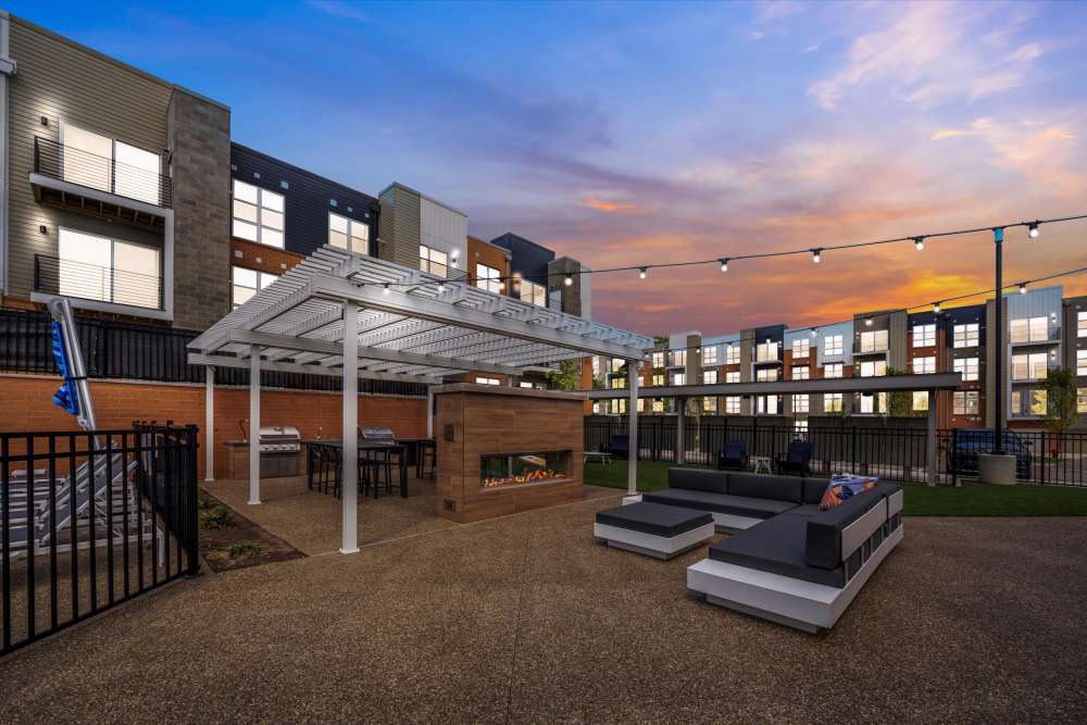 Outdoor patio with fire pit at Innova in Novi, Michigan