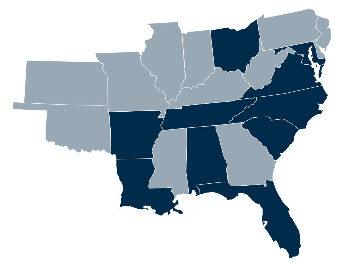 Map graphic highlighting states with regional offices for Drucker + Falk
