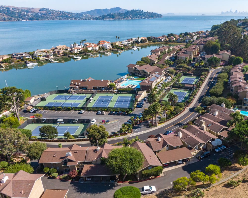 Aerial view of our community at in the bay at Harbor Point Apartments in Mill Valley, California