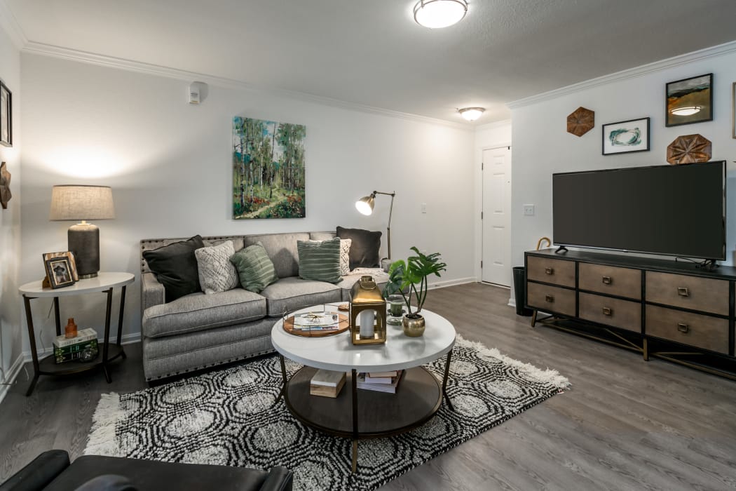 Beautiful living room at Landmark Apartments Hattiesburg in Hattiesburg, Mississippi
