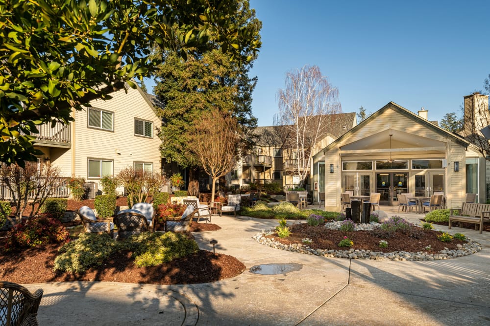 View of the leasing office from outside at Blossom Vale Senior Living in Orangevale, California. 