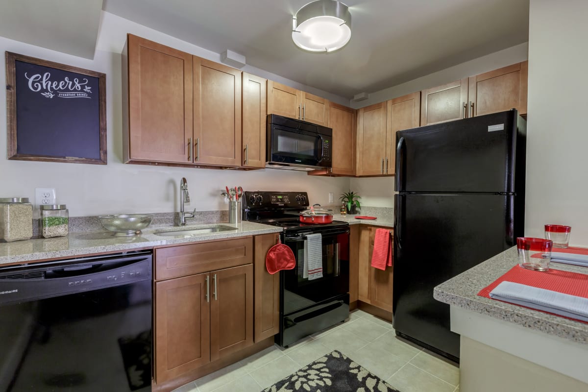 Clean and cute kitchen with a nice dishwasher matching black appliances at Takoma Flats in Washington, District of Columbia