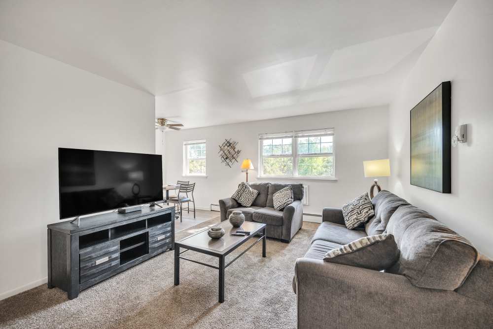 Modern living room with couch, coffee table, Tv and windows at Ridgeview Apartment Homes in Reading, Pennsylvania