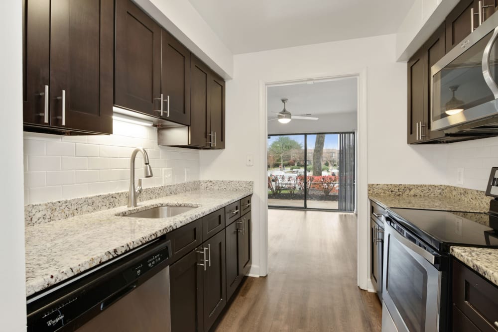 Model kitchen at Annen Woods Apartments in Pikesville, Maryland