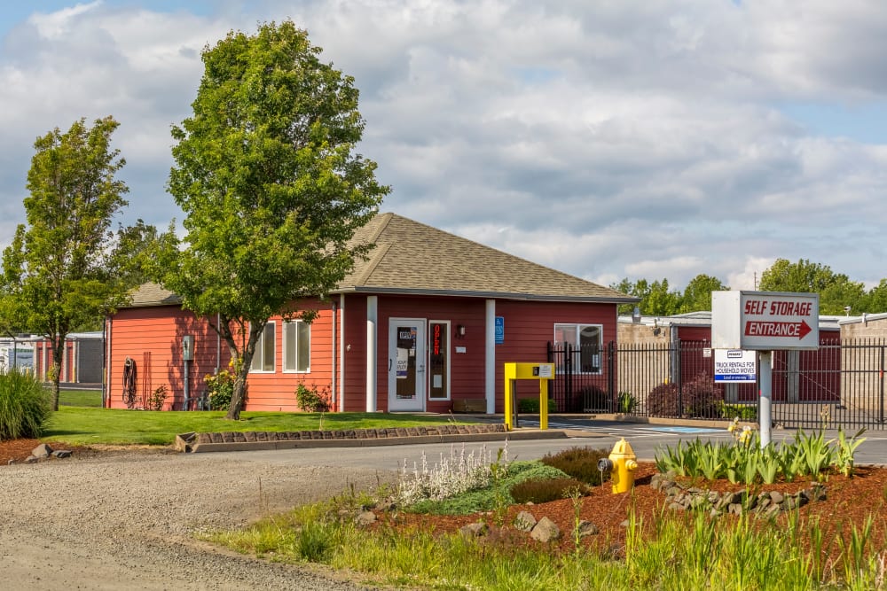 Front entrance and leasing office building at Philomath Self Storage in Philomath, Oregon.