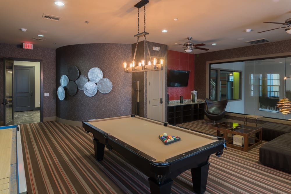 A billiards table in the clubhouse at Hebron 121 Station in Lewisville, Texas