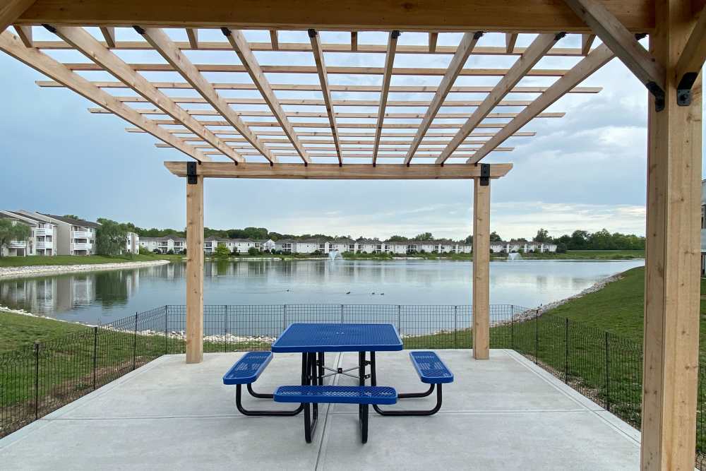 Outdoor Seating with Shade Pergola at Eagle Lake Landing in Indianapolis, Indiana