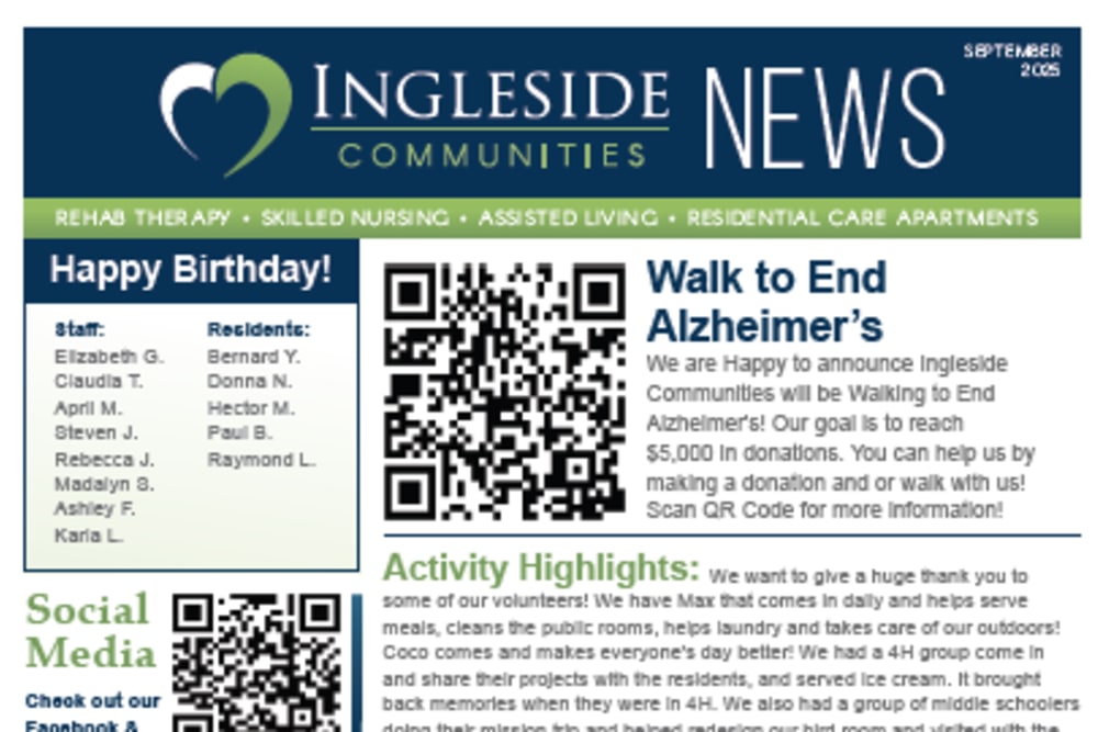 September 2025 Newsletter at Ingleside Communities in Mount Horeb, Wisconsin