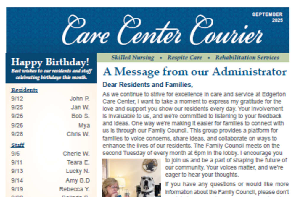 September 2025 Newsletter at Edgerton Care Center in Edgerton, Wisconsin