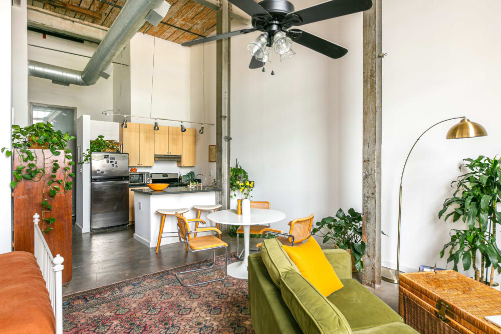 Kitchen in studio apartment at Mattress Factory Lofts in Atlanta, Georgia