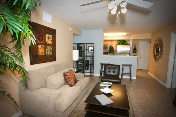 Model living room at Green Cay Village in Boynton Beach, Florida