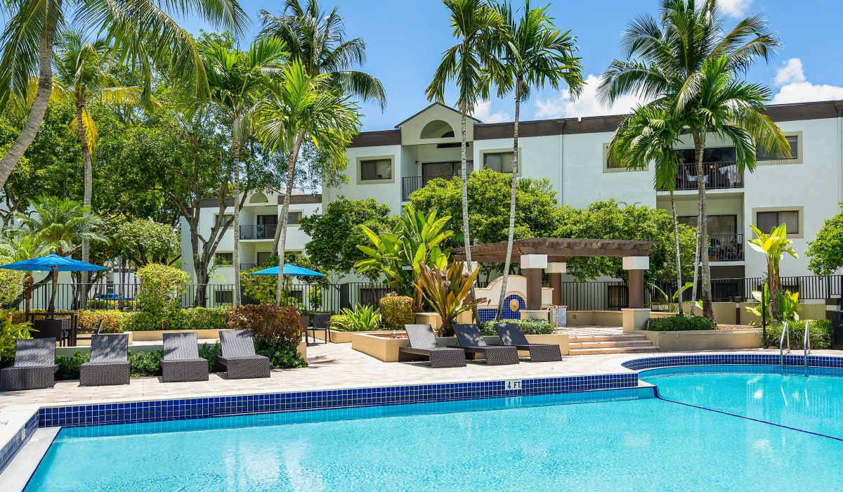Sparkling pool with trees at Emerald Palms in Miami, Florida