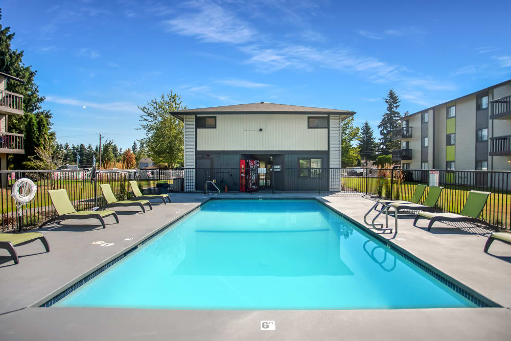 Large swimming pool with lounge chairs surrounding at Terra Apartment Homes in Federal Way, Washington
