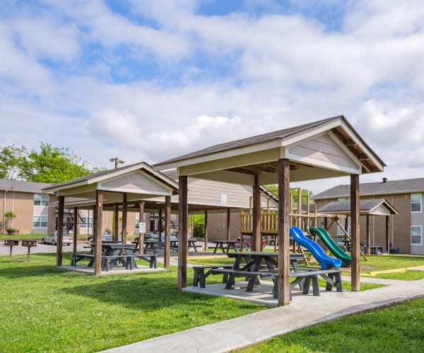 Playground and covered picnic tables at Maple Creek in Nashville, Tennessee
