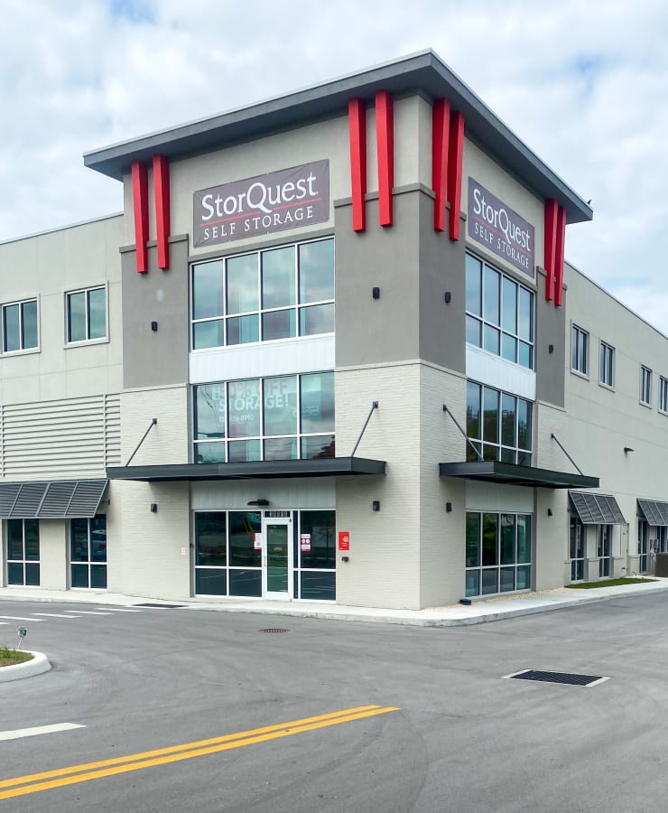 The exterior of the main entrance at StorQuest Self Storage in Tarpon Springs, Florida