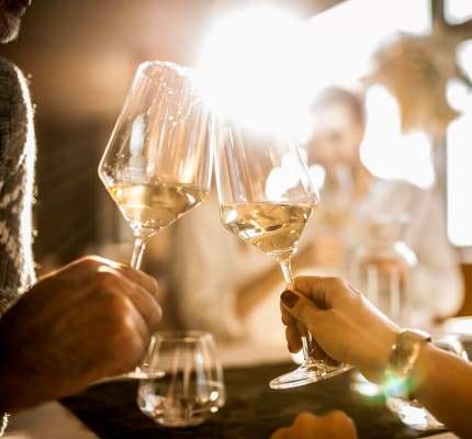 Clinking glasses of wine at Summerhill Terrace Apartment Homes in San Leandro, California