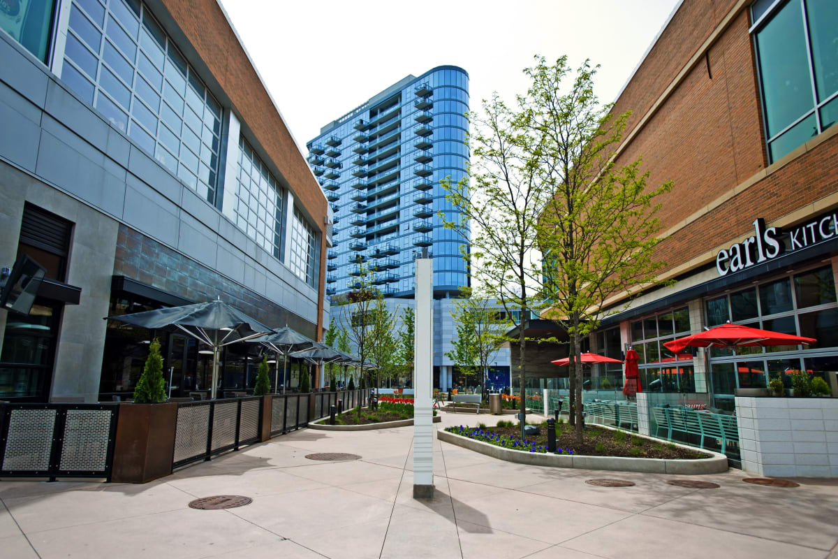 View of the apartments at The Residences at NEWCITY in Chicago, Illinois from downtown