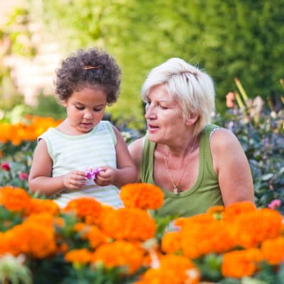 Grandmother and grandchild looking at flowers together at The Sanctuary at West St. Paul in West St. Paul, Minnesota