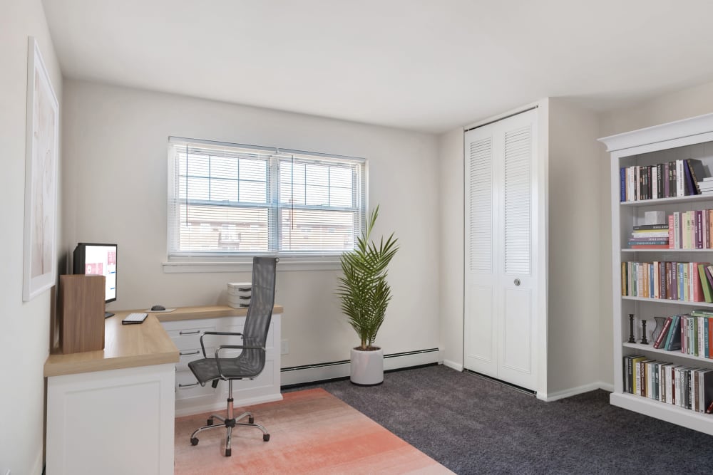 Bright Bedroom staged as a home office at Hill Brook Place Apartments in Bensalem, Pennsylvania