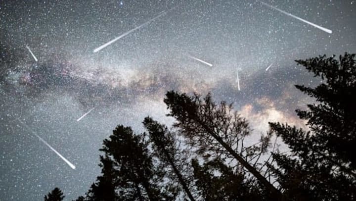 A view of a meteor shower and the Milky Way, with pine tree silhouettes in the foreground.