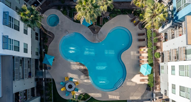 Aerial photo of resort-style swimming pool at Tempe Metro in Tempe, Arizona