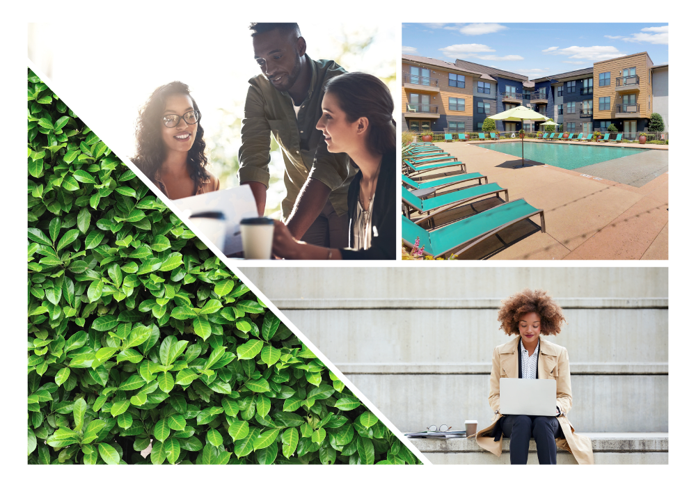 Employee working on her laptop and the swimming pool outside of Oaks Properties in Minneapolis, Minnesota