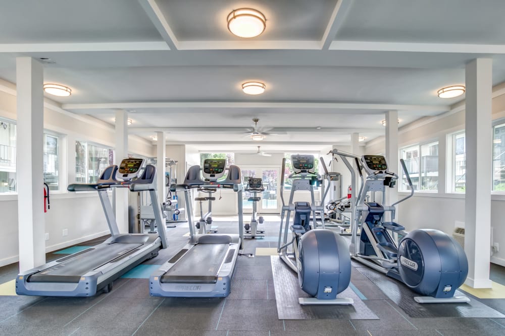 Treadmills and stair steppers in the fitness center at Sofi at Los Gatos Creek in San Jose, California