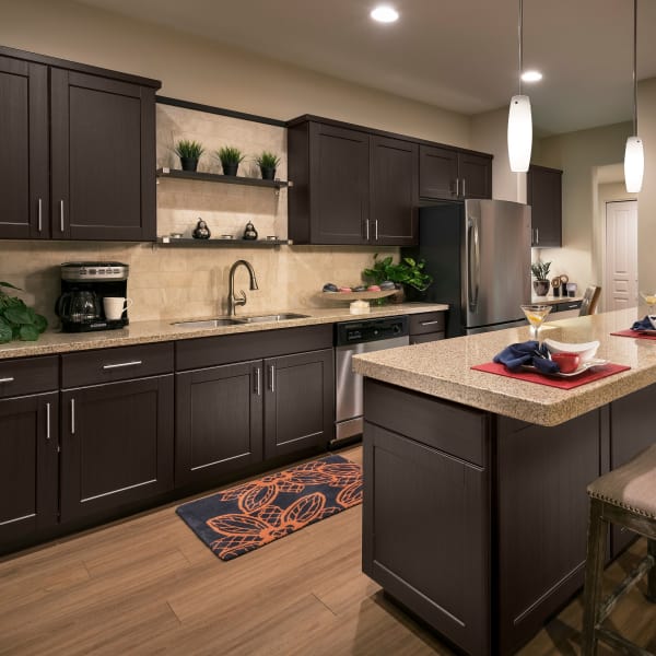 Kitchen with dark wood cabinetry and granite countertops in model home at San Milan in Phoenix, Arizona