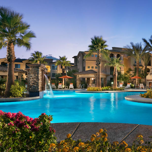 Gorgeous swimming pool area at dusk at San Milan in Phoenix, Arizona