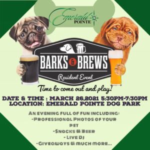 Barks and brews flyer for emerald pointe