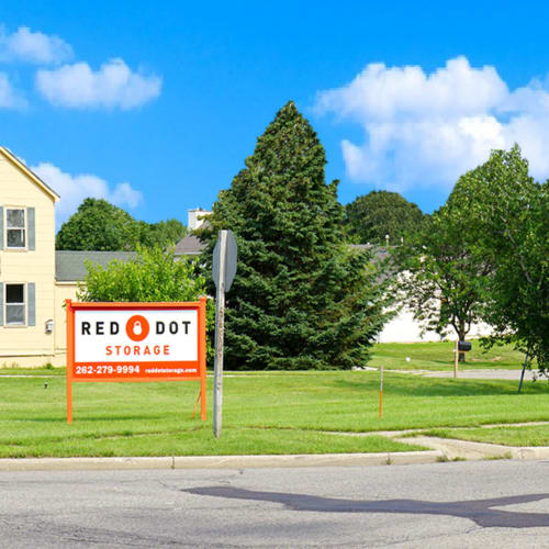 Sign at the street entrance of Red Dot Storage in Genoa City, Wisconsin