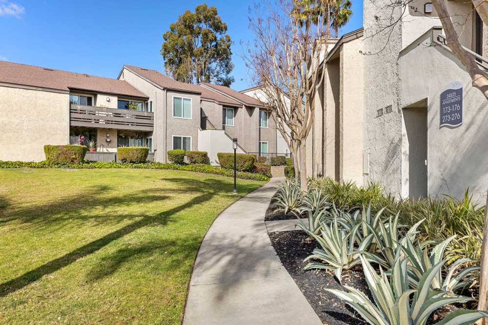 Walking path leading through landscaped grounds to apartment buildings at Sofi Laguna Hills in Laguna Hills, California