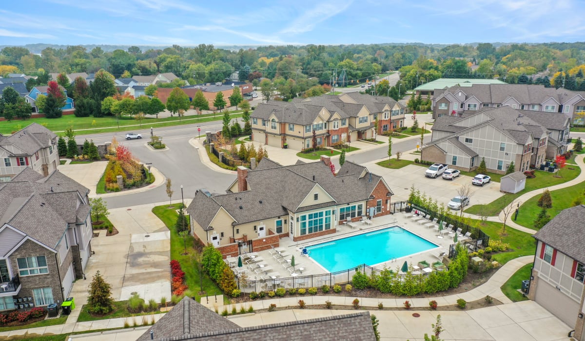 Ariel view of pool and clubhouse at Encore at Manchester