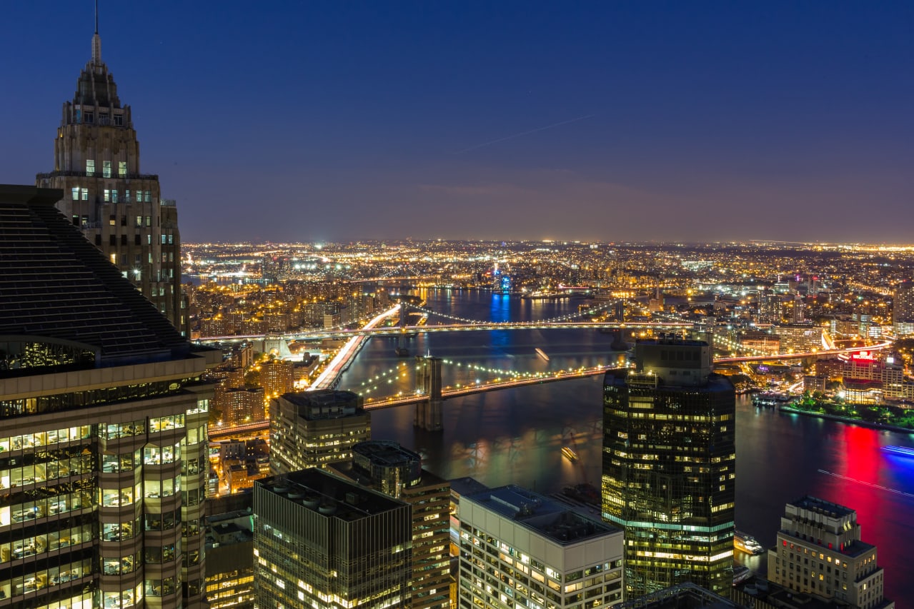 View of the city at night from Twenty Exchange in New York, New York