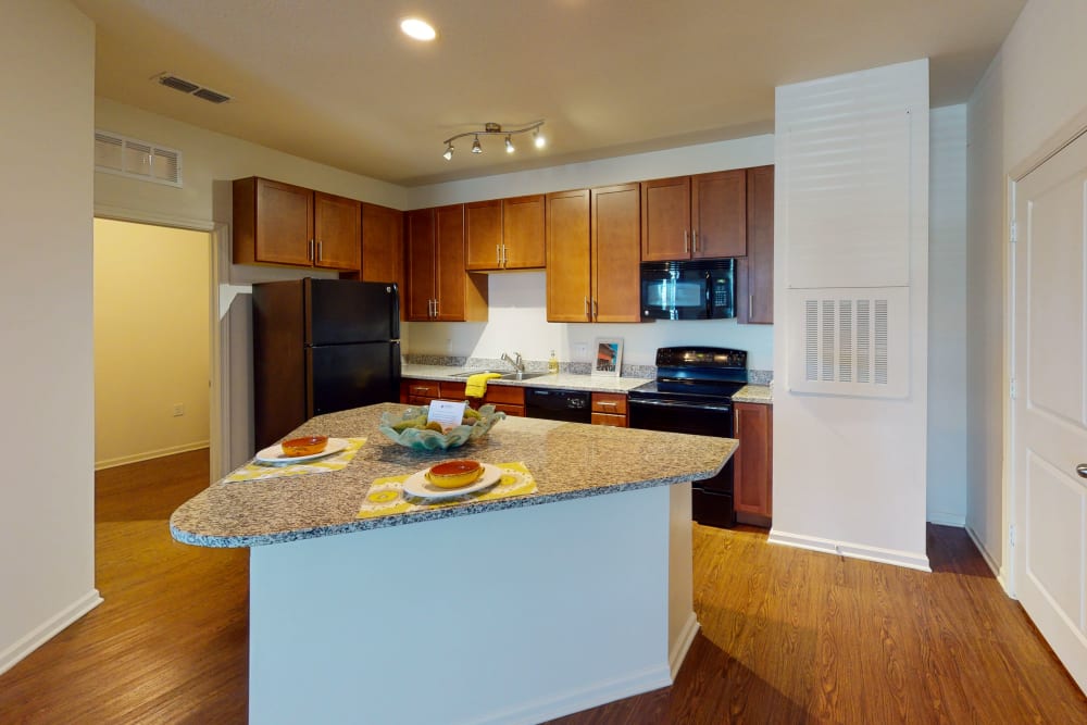 Modern kitchen with cherry wood cabinetry and an island in a model home at The Hawthorne in Jacksonville, Florida