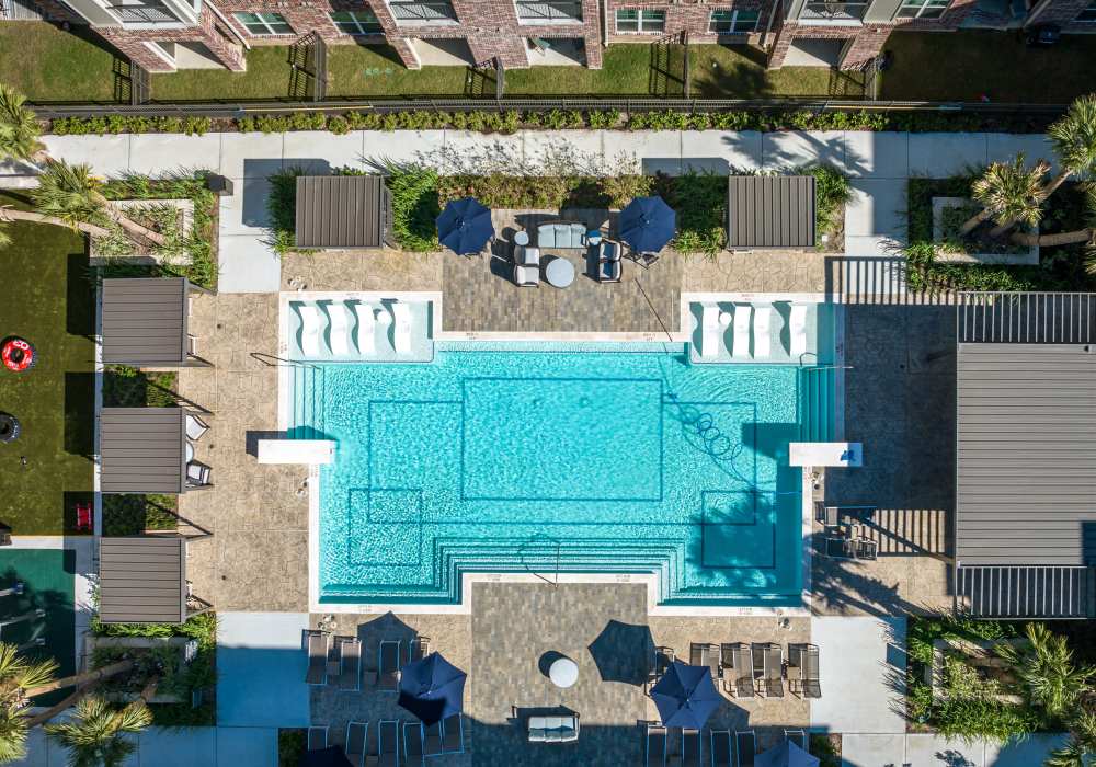 Aerial view of the swimming pool at Charleston at Fannin Station in Houston, Texas