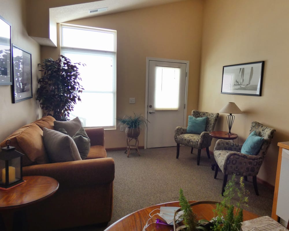 A cozy living room at The Lakeside Village in Panora, Iowa.